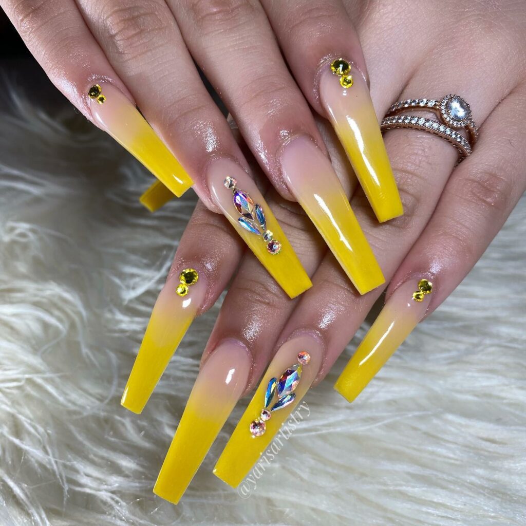 20 Latest Yellow Ombre Nail Ideas To Try In 2024! 31 Long Yellow Ombre Nails With Rhinestones