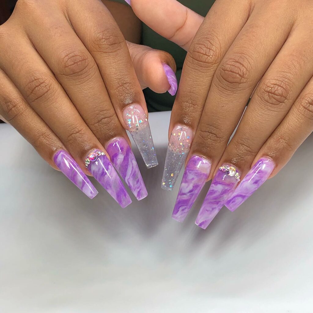 Explore 30 Purple Coffin Nail Designs in 2024 27 Purple Marble Coffin Nail