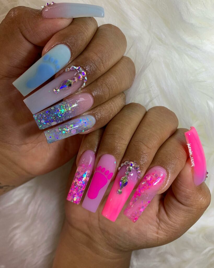 20 Latest Gender Reveal Nail Ideas To Try In 2024! 28 Gender Reveal Nails With Glitter And Rhinestones