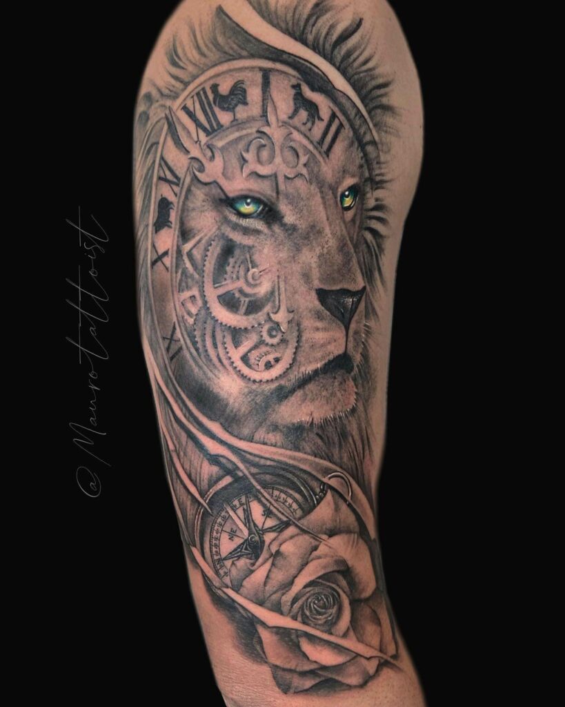 11+ Lion Sleeve Tattoo Ideas That Will blow Your Mind! 19 Lion With The Green Eyes Tattoo