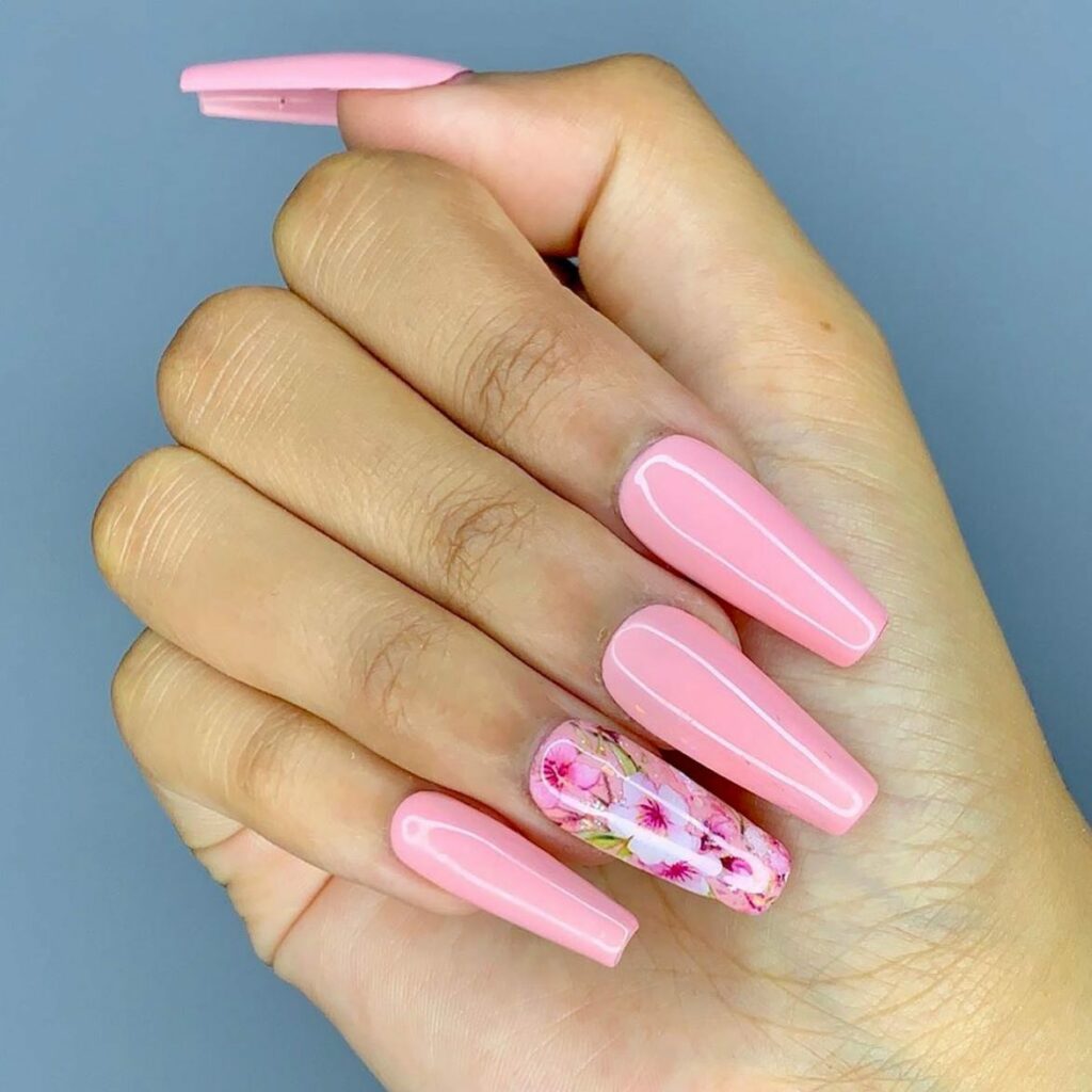 25 Latest Accent Nail Designs To Try In 2024! 33 Pink Coffin Floral Accent Nails