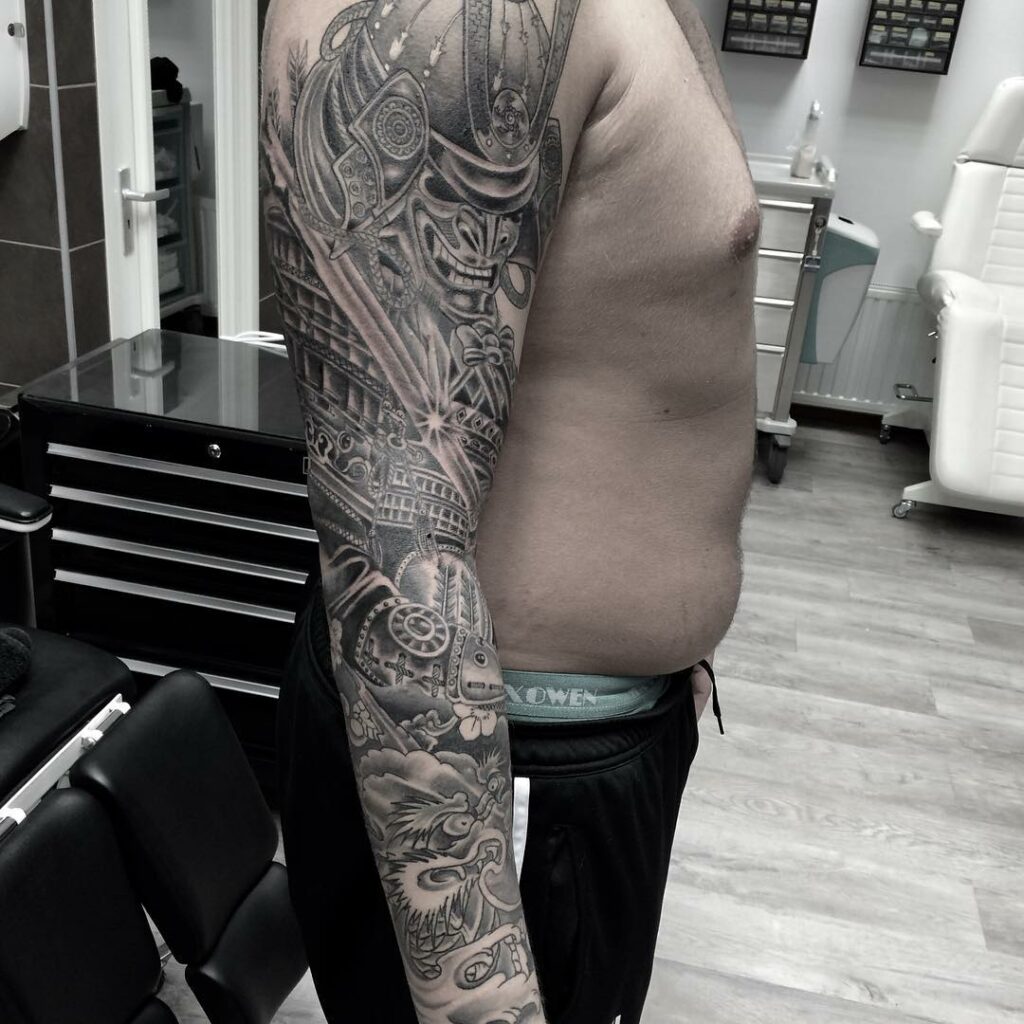10 AMAZING SAMURAI TATTOO IDEAS + MEANINGS 20 Samurai Sleeve Tattoo
