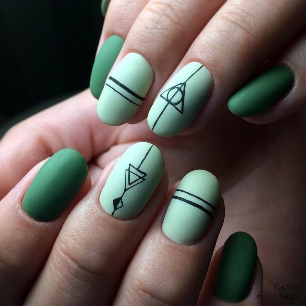 33 Latest Harry Potter Nail Ideas To Try In 2024! 15 Matte Green Nails With Death Hollows Design