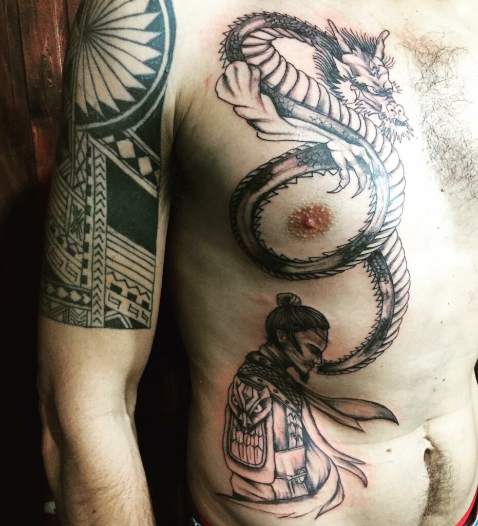 10 AMAZING SAMURAI TATTOO IDEAS + MEANINGS 12 Dragon and Samurai Tattoo