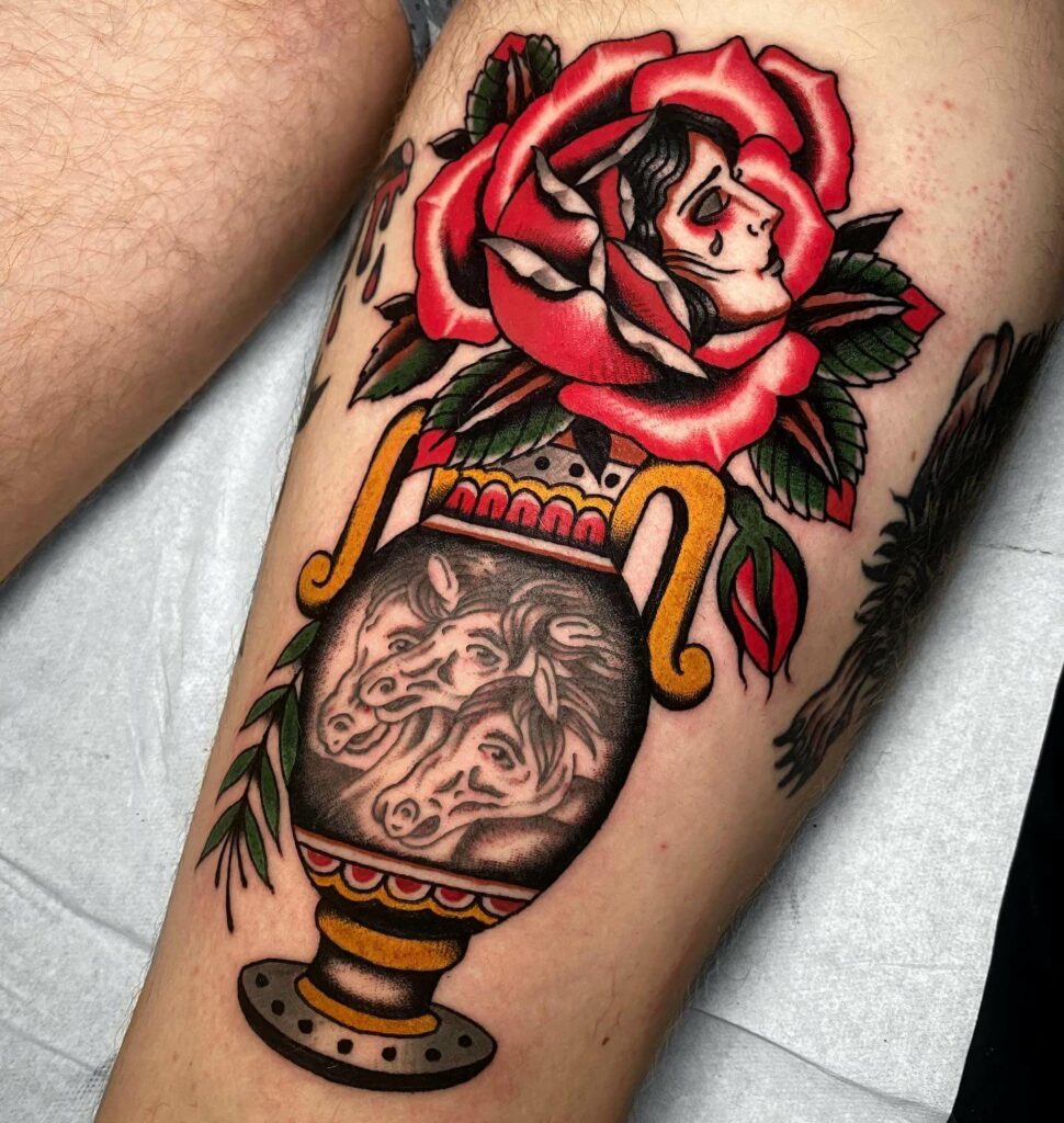 11+ Pharaoh's Horses Tattoo Ideas That Will Blow Your Mind! 19 Conventional Vase Tattoo with Pharaoh's Horse and Crying Face