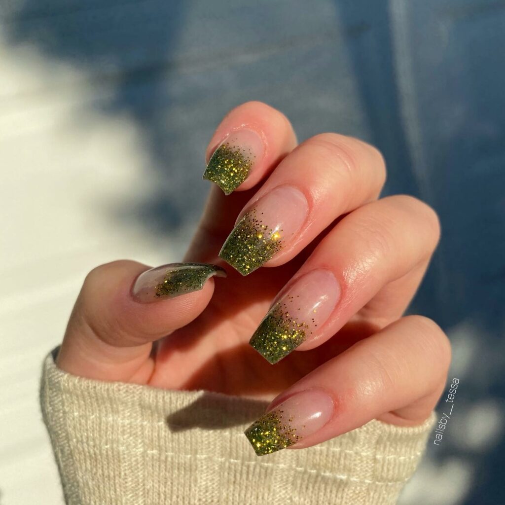 Refresh with 30 Green Ombre Nail Designs in 2024 33 Green Ombre Coffin Nails With Glitters