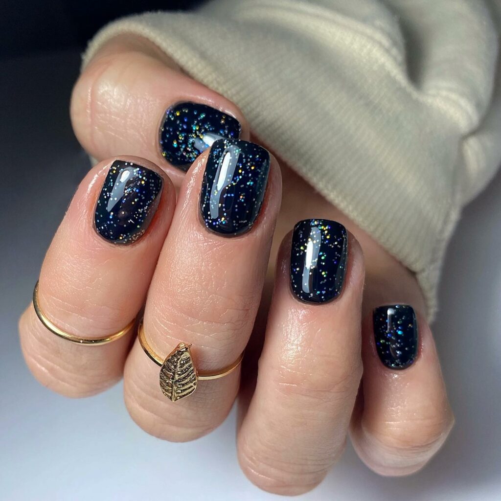19 Latest Black Glitter Nail Designs To Try In 2024! 12 Short Square Black Nails With Colorful Glitter