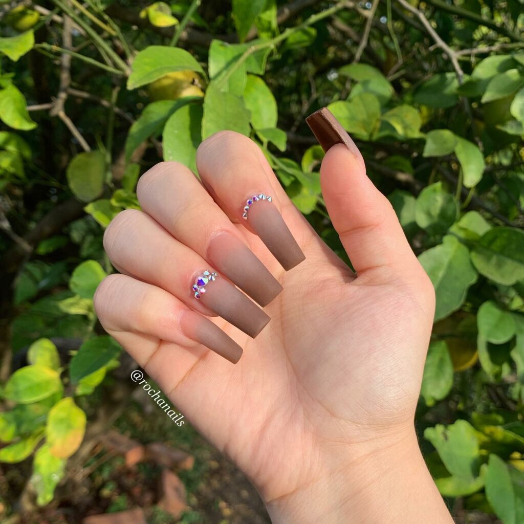 44 Latest Matte Brown Nail Ideas To Try In 2024! 27 Matte Brown Ombre Nails With Rhinestones