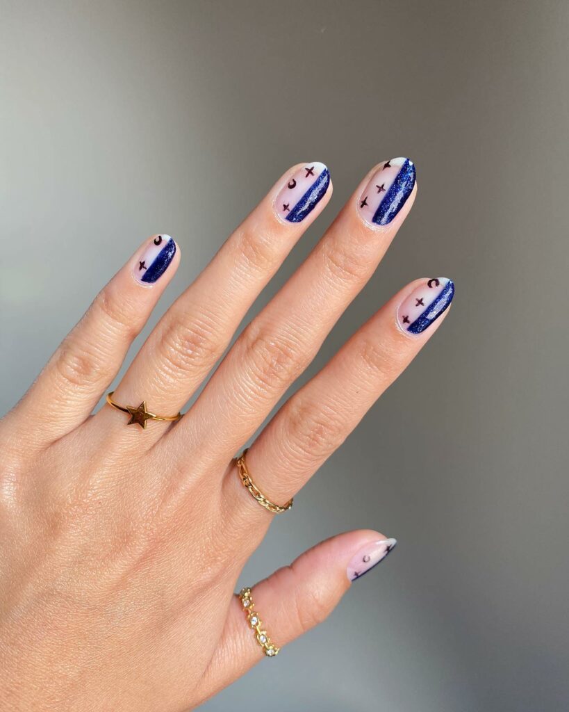 20 Latest Short Blue Nail Designs To Try In 2024! 45 Blue Short Nails With Tiny Moon And Stars Design