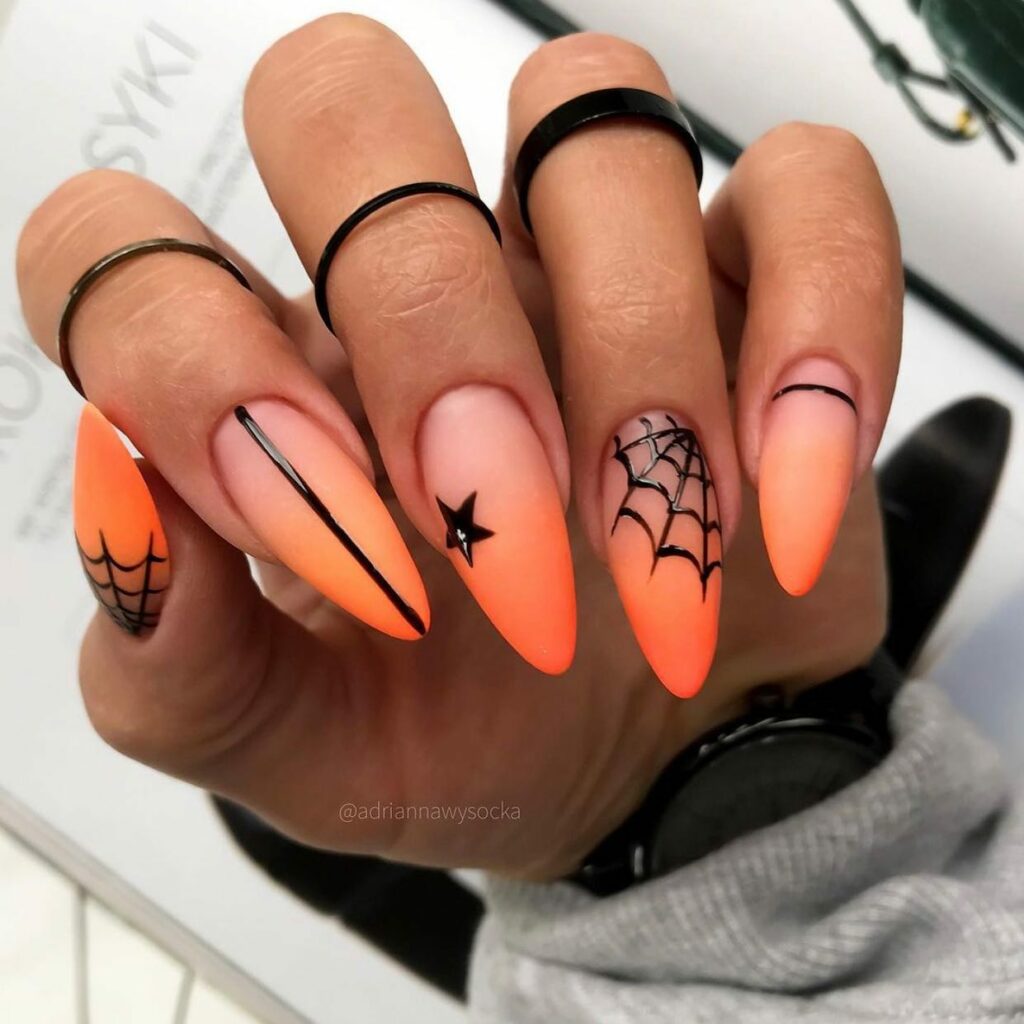 30 Latest Orange Ombre Nail Designs To Try In 2024! 22 Matte Orange Ombre Nails With Spider Web Design