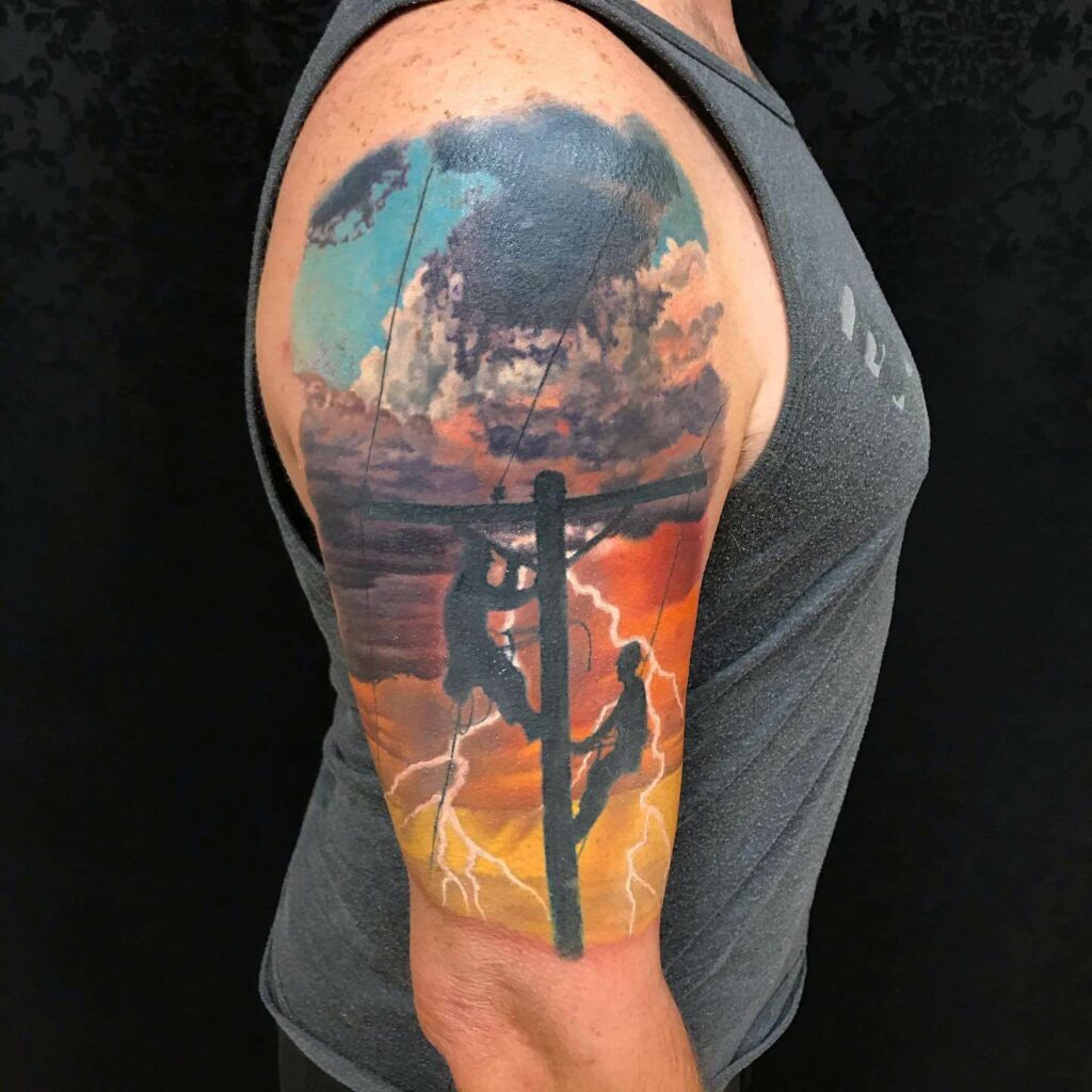 12+ Lineman Tattoo Ideas To Inspire You! 11 Colorful Lineman Tattoos With Scenary