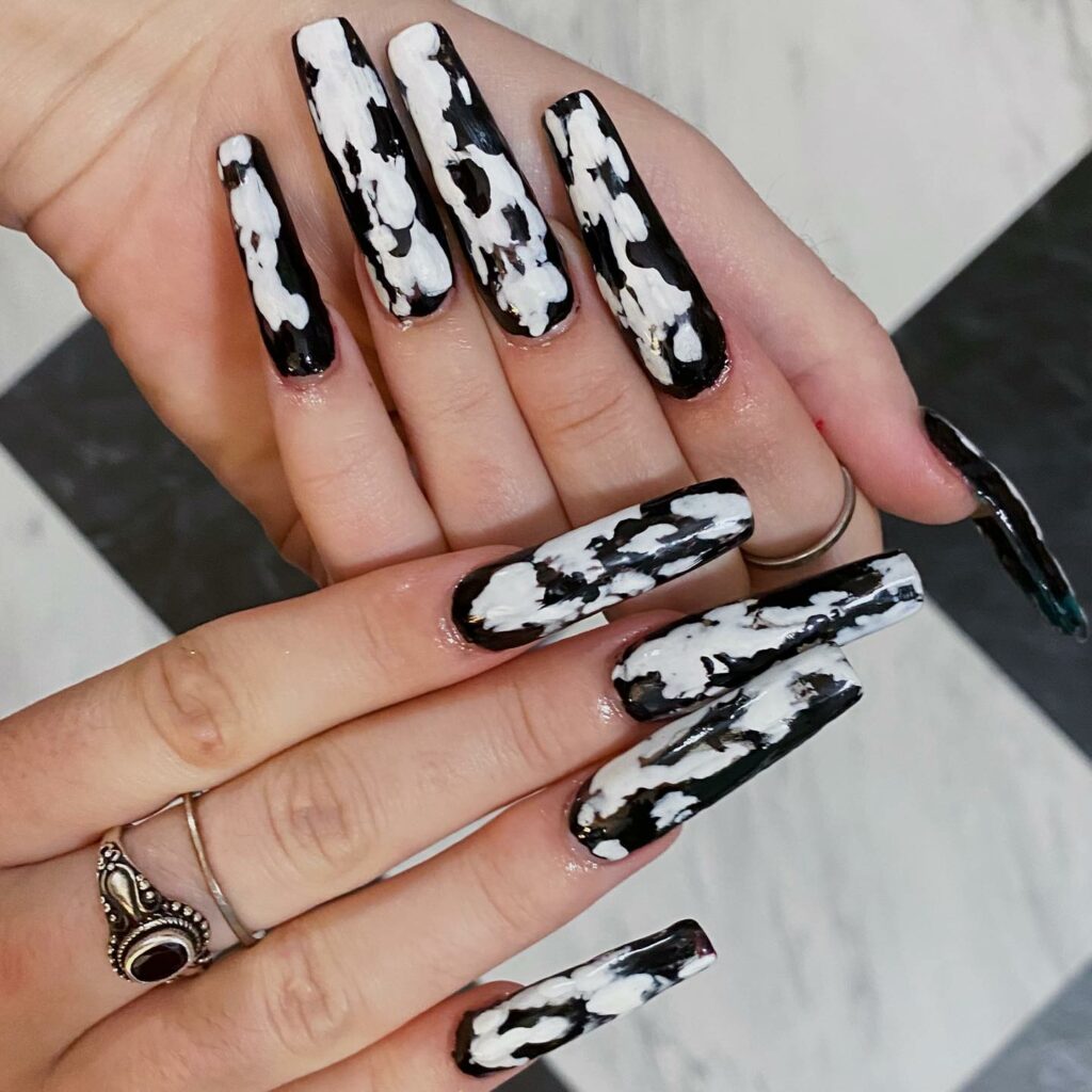 40 Latest Black Coffin Nail Designs To Try In 2024! 36 The Cow Print Craze