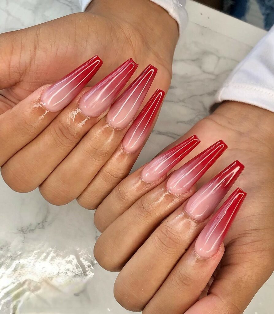 20 Latest Nude Ombre Nail Ideas To Try In 2024! 11 Nude And Red Ombre Long Coffin Nails
