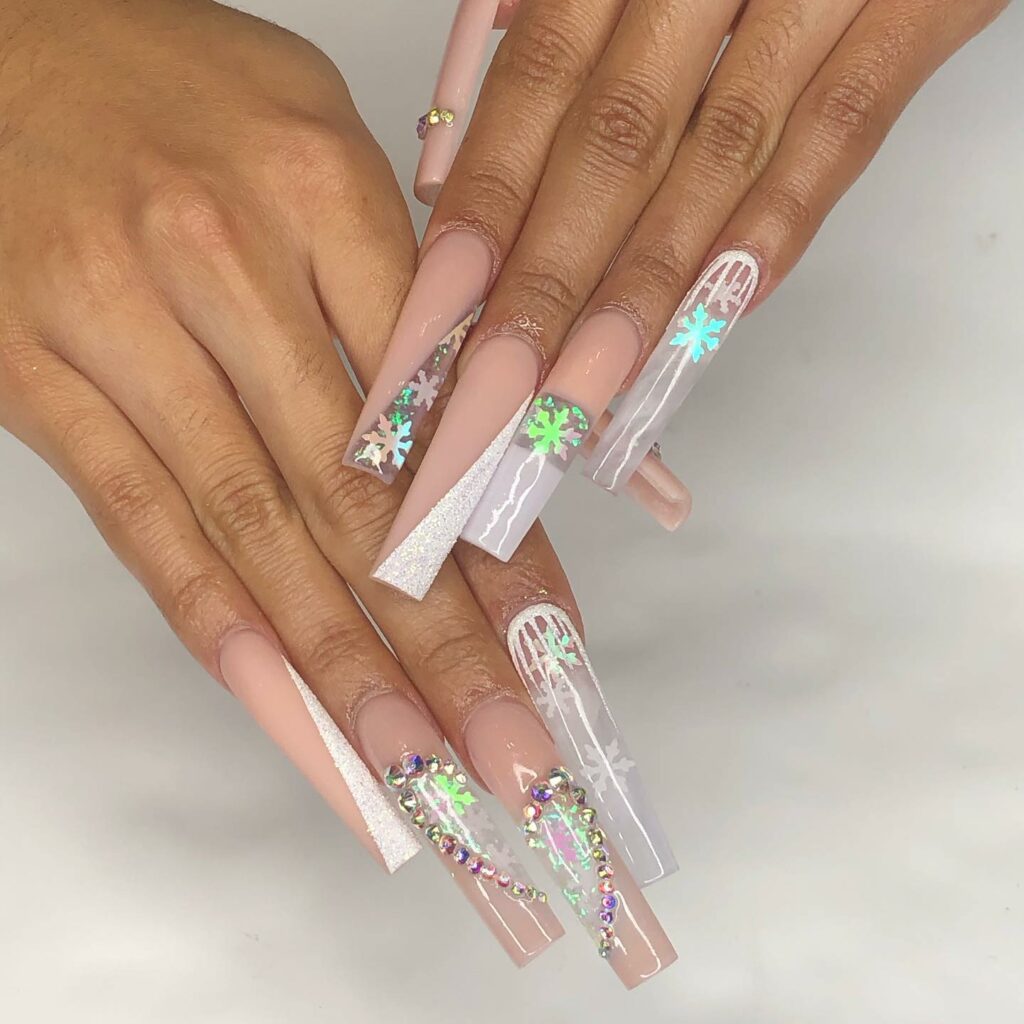 30 Latest Winter Nail Ideas To Try In 2024! 34 Long Acrylic Winter Nails With Rhinestones