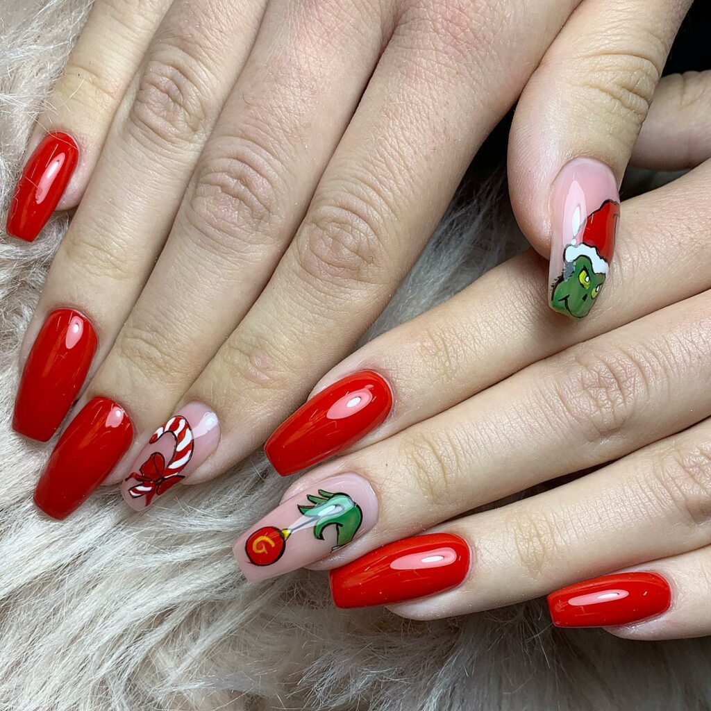 Embrace the Holiday Spirit in 2024 27 Red Nails with Grinch Accent