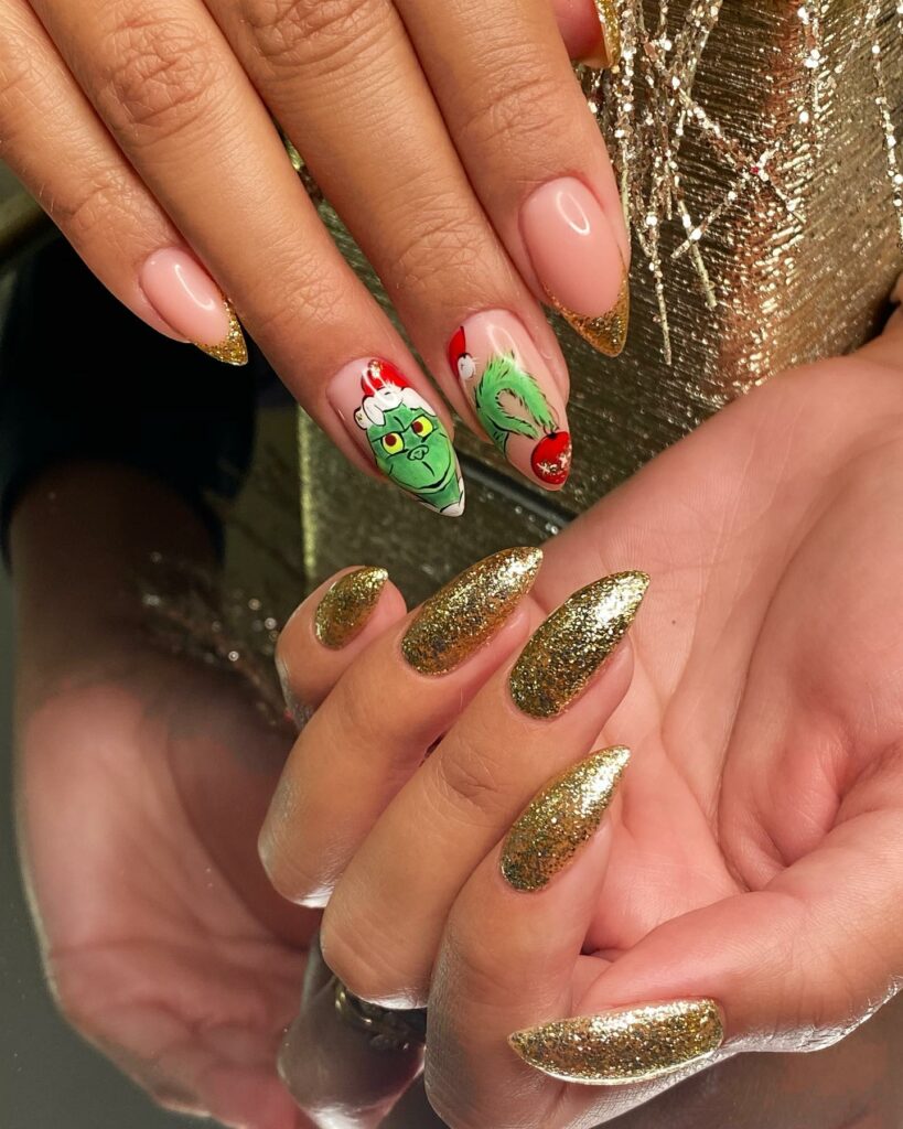 Embrace the Holiday Spirit in 2024 30 Grinch Nails with Gold Glitter