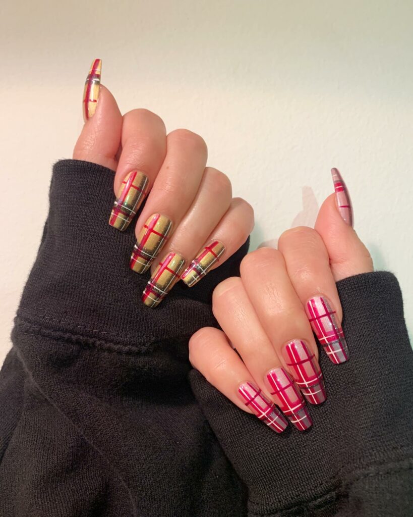 29 LATEST PLAID NAIL DESIGNS TO TRY IN 2024! 27 Gold And Pink Plaid Nails