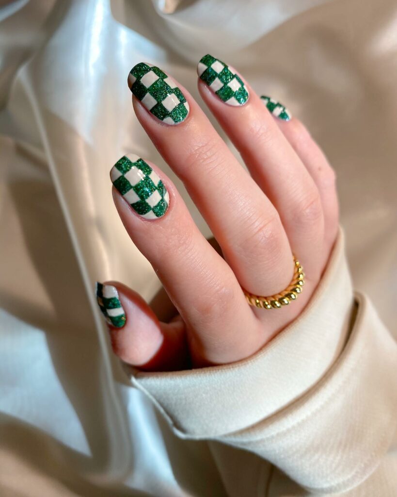 20 Latest Checkered Nail Designs To Try In 2024! 30 Green And White Checkered Nails With Glitter