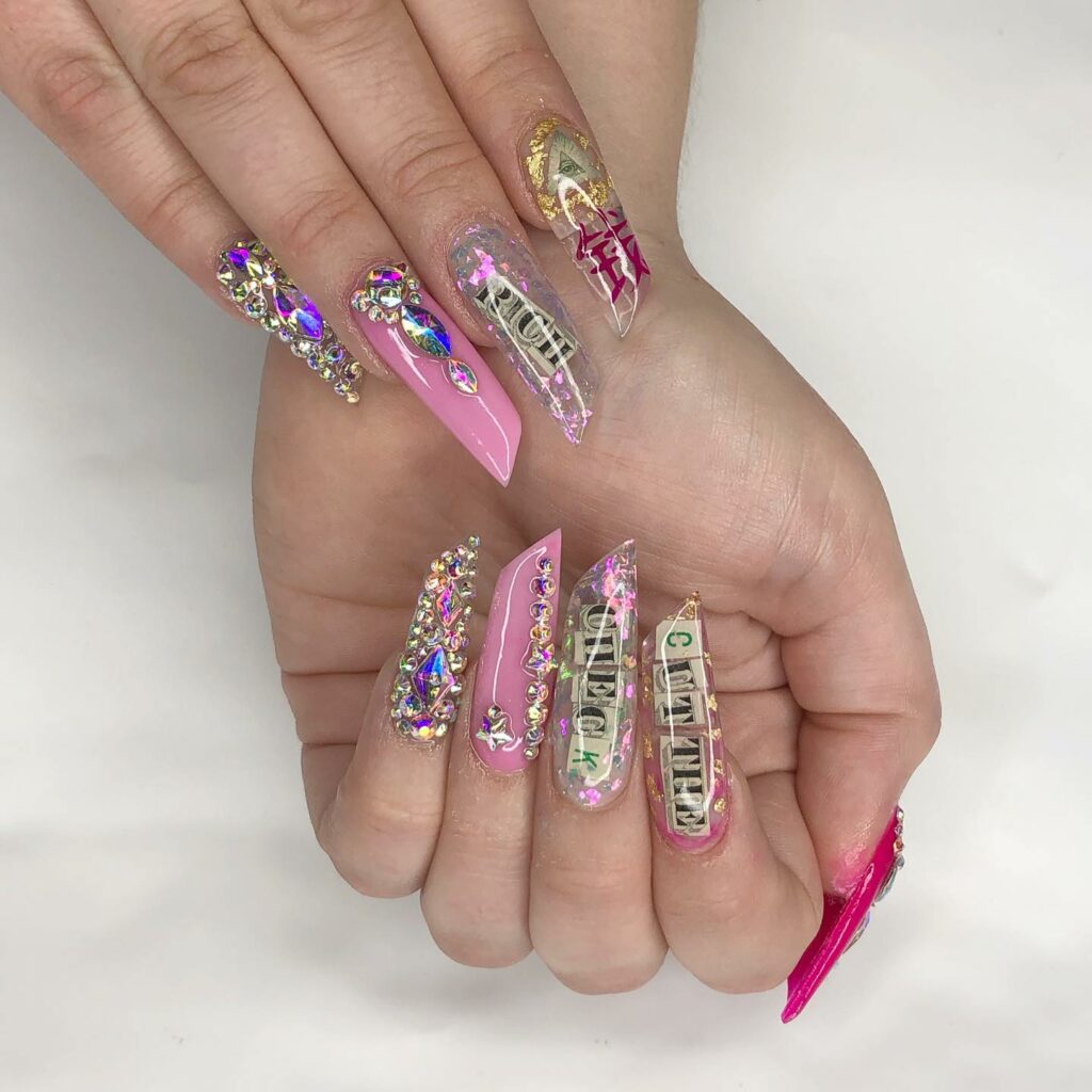 15 Latest Lipstick Shape Nail Ideas To Try In 2024! 11 Lipstick Shape Nails With Rhinestones Design