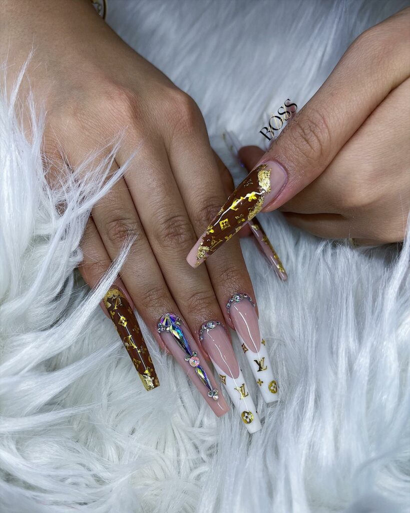 25 Latest Louis Vuitton Nails To Try In 2024 27 Ombré Coffin Nails with Louis Vuitton Prints