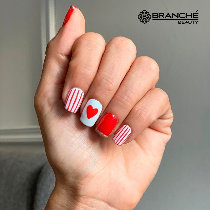 20 Latest February Nail Designs To Try In 2024! 25 Red Square February Nails With Heart And Stripes Design