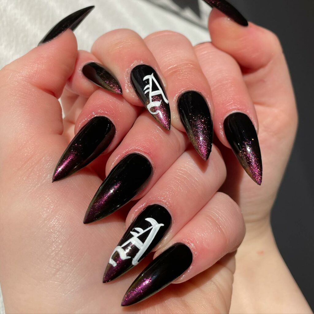 Express Yourself with 30 Emo Nail Designs in 2024 30 Black Stiletto Emo Nails With Glitters And Initial