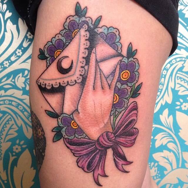 11+ Thigh Bow Tattoo Ideas That Will Blow Your Mind! 13 Tattoo With Bow And Envelope On The Thigh