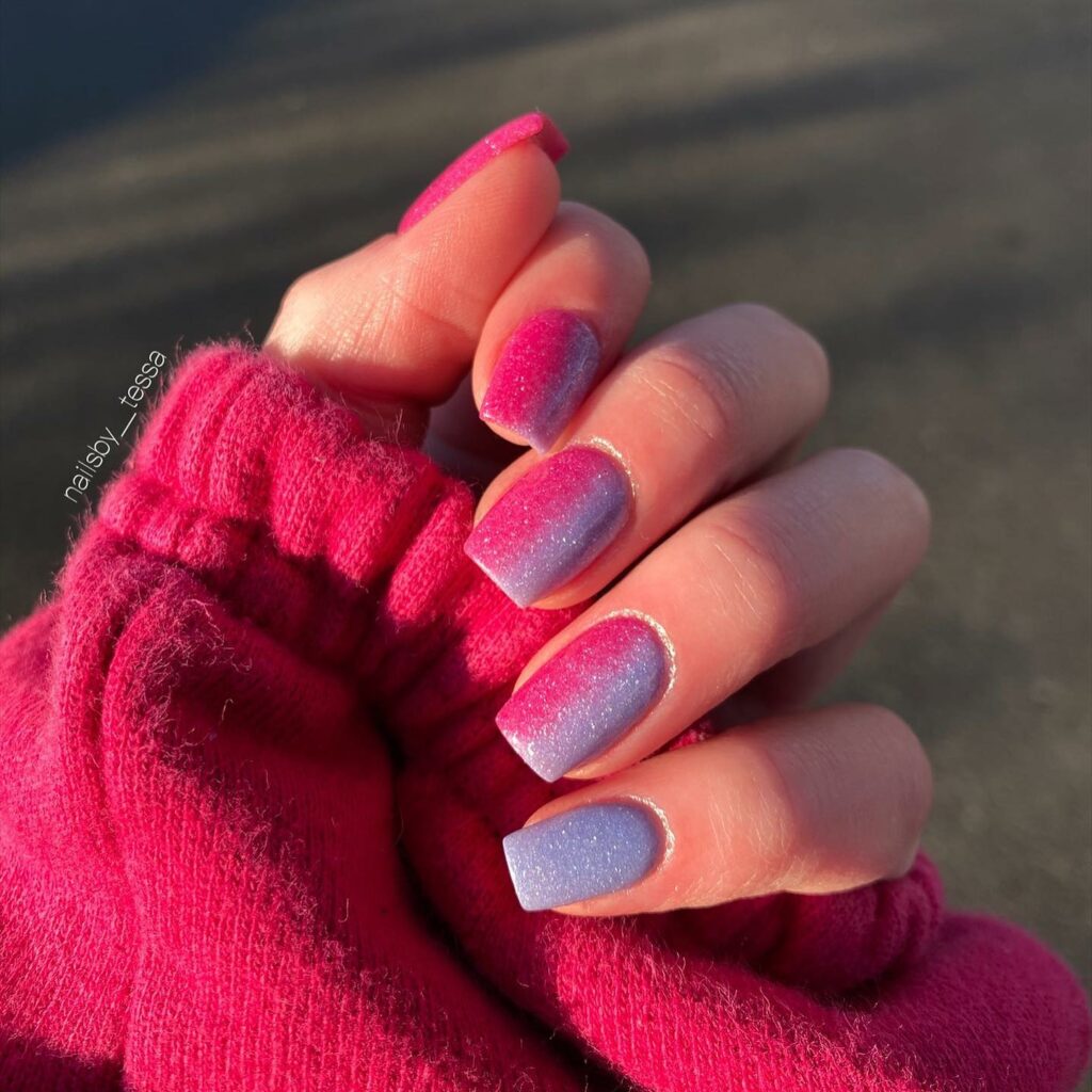 30 Latest Pink And Purple Nail Designs To Try In 2024! 21 Pink And Purple Ombre On Small Square Nails With Glitters