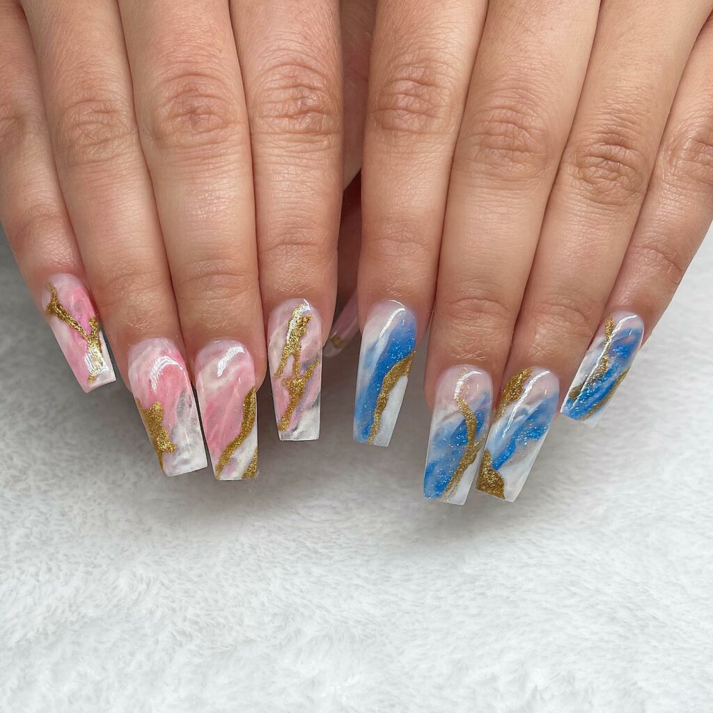 20 Latest Gender Reveal Nail Ideas To Try In 2024! 27 Gender Reveal Marble Nails With Gold