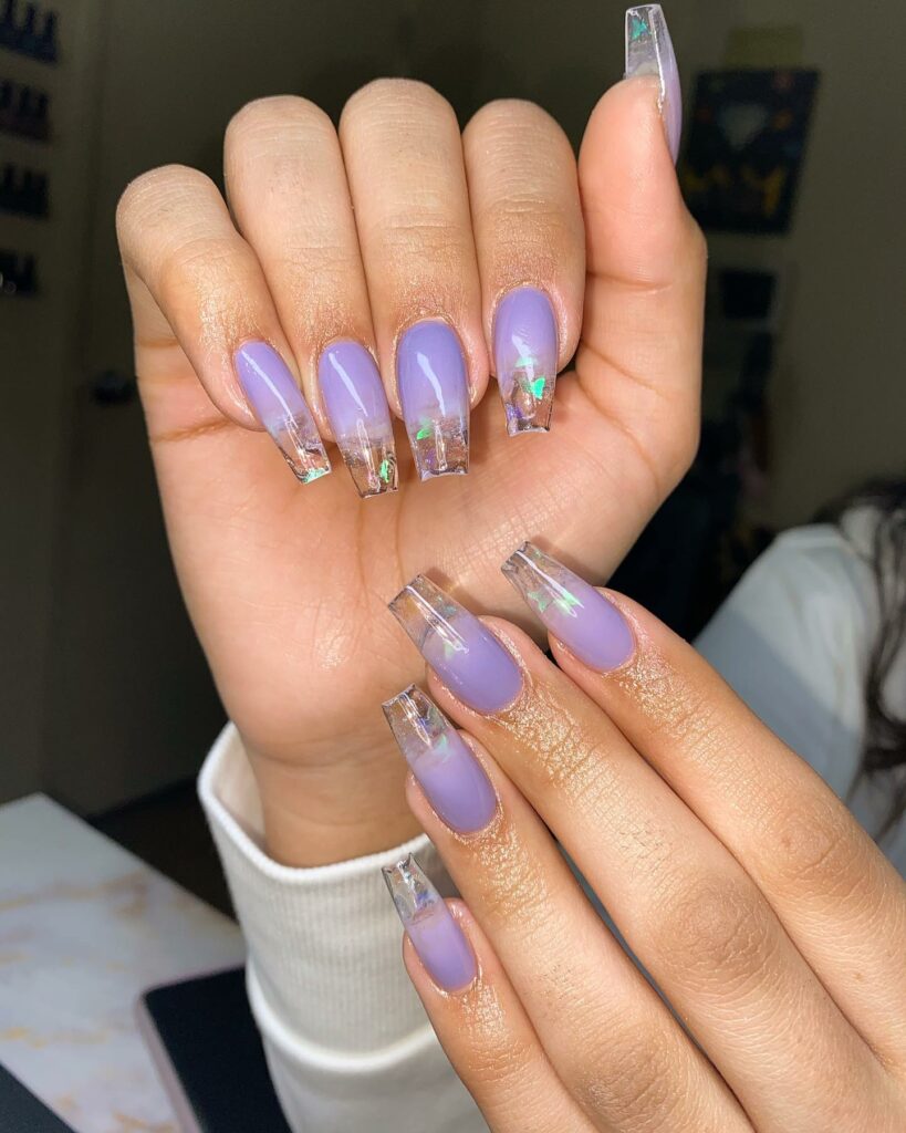 Explore 30 Purple Coffin Nail Designs in 2024 41 Clear Tips Purple Ombre Coffin Nail With Butterflies