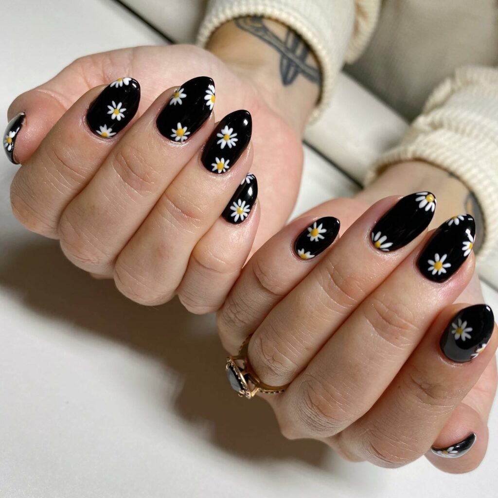 Express Yourself with 30 Emo Nail Designs in 2024 28 Black Emo Nails With Daisy Flower Design