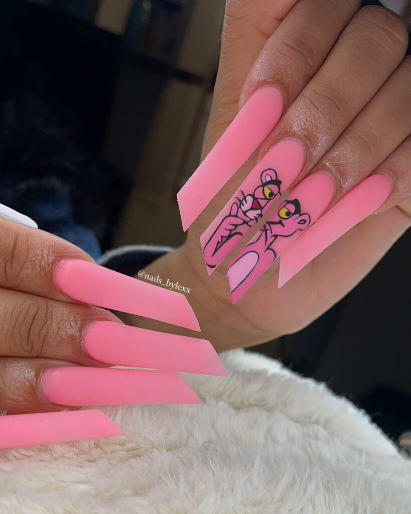 15 Latest Lipstick Shape Nail Ideas To Try In 2024! 19 Matte Pink Lipstick Shape Nails With Pink Panther Design