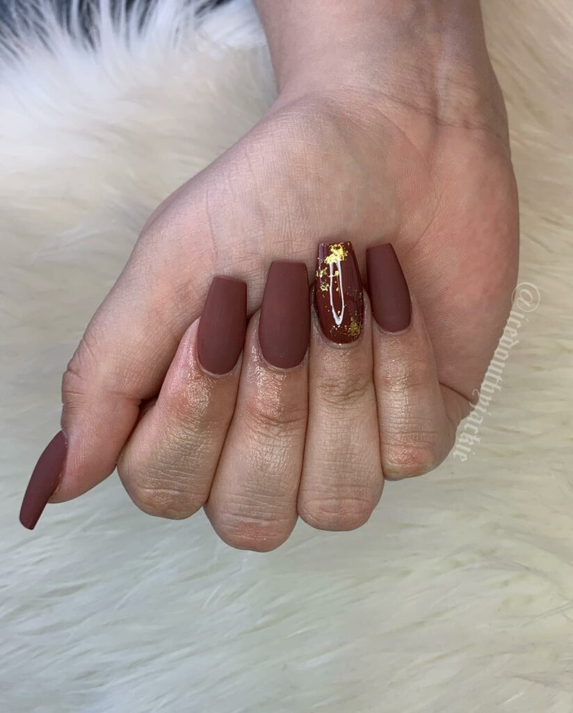 44 Latest Matte Brown Nail Ideas To Try In 2024! 37 Matte Brown Coffin Nails With Gold Flakes