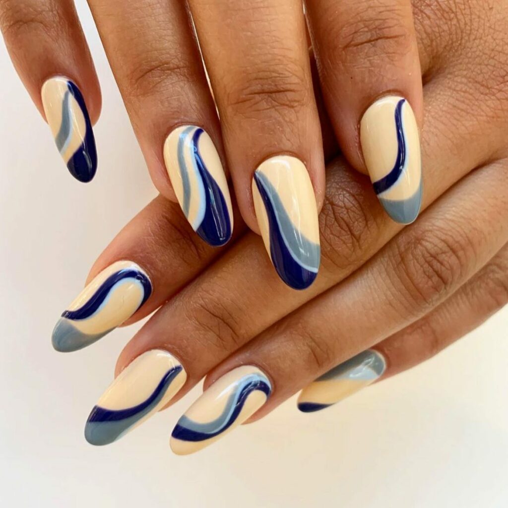 30 Latest Navy Blue Nail Designs To Try In 2024! 27 Cream And Navy Manicure