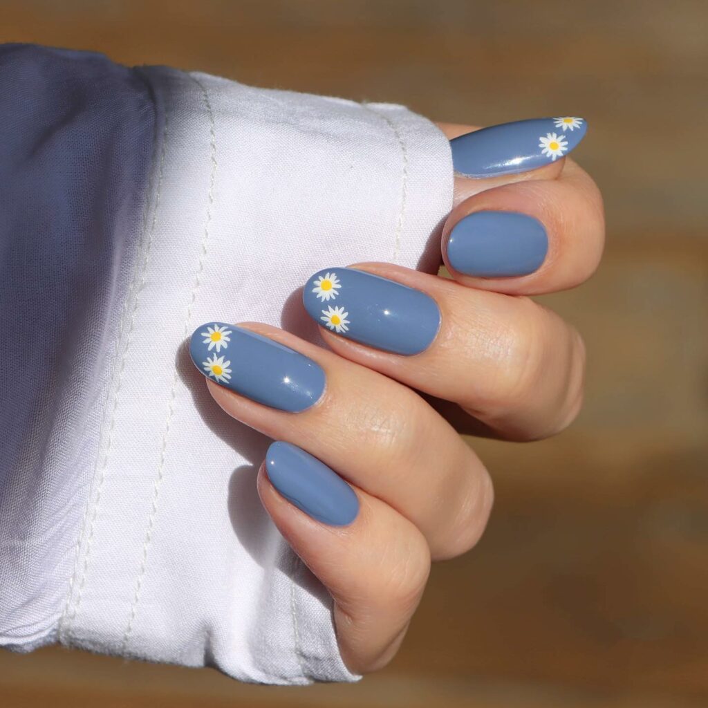 20 Latest Short Blue Nail Designs To Try In 2024! 34 Light Steel Blue Short Nails With Flower Design