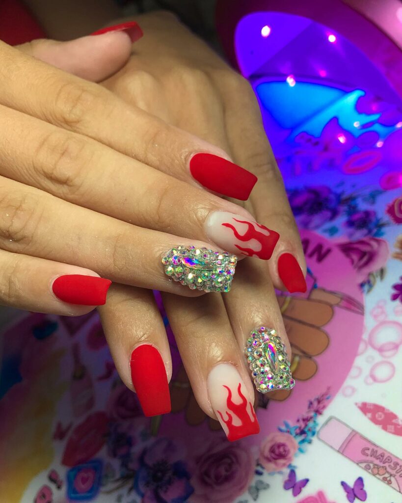 20 Latest Red Matte Nail Ideas To Try In 2024! 27 Red Matte Nails With Flame And Glitter Design