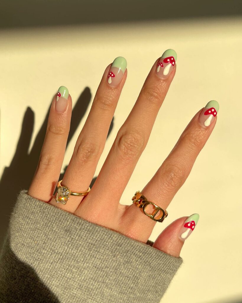 20 Latest Mushroom Nail Designs To Try In 2024! 15 Mushroom Nails With Mint Green French Tips