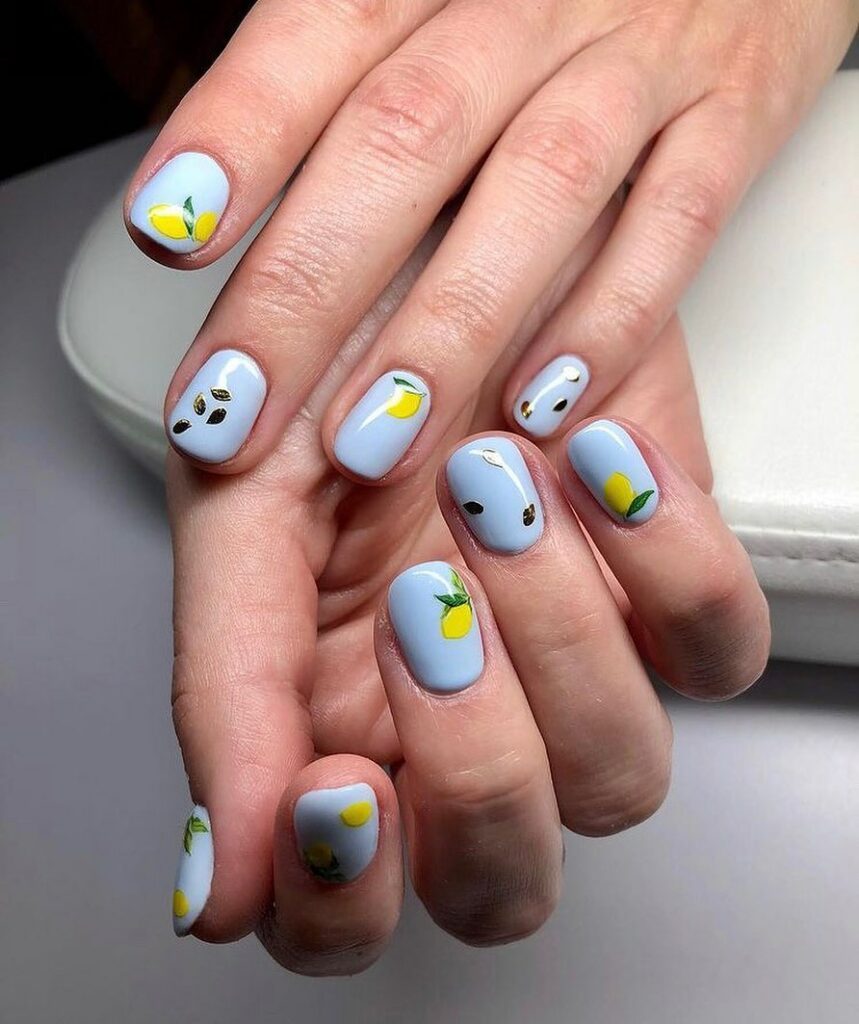 Lemon Design On Blue Short Nails Mani