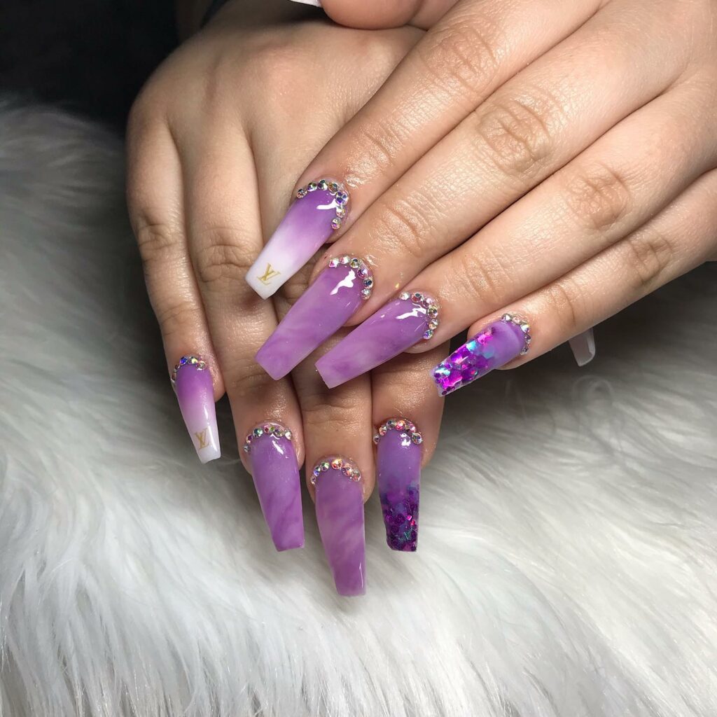 Explore 30 Purple Coffin Nail Designs in 2024 25 Purple Coffin Nail With Rhinestones And Colorful Tips