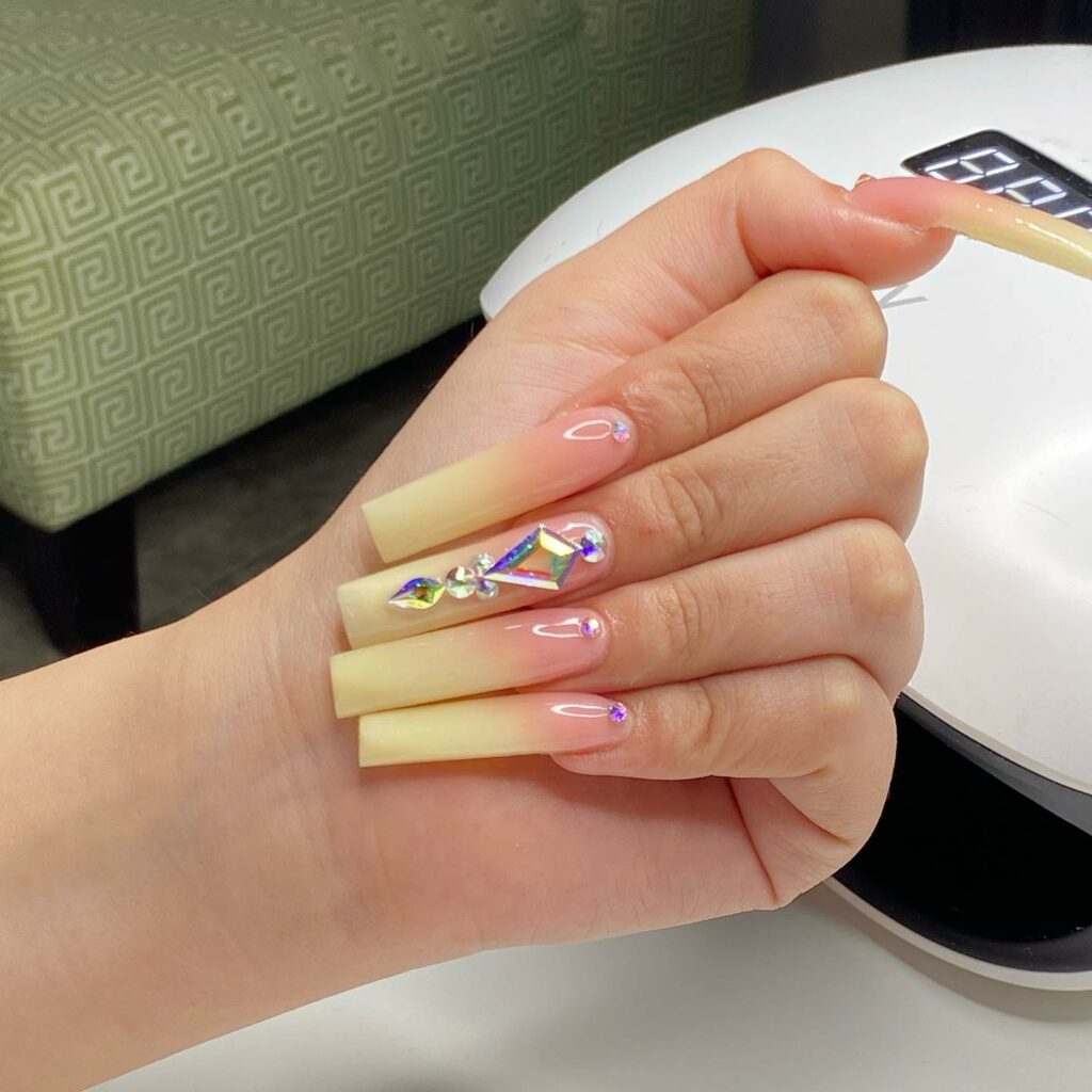 20 Latest Yellow Ombre Nail Ideas To Try In 2024! 29 Long Yellow Ombre Square Nails With Rhinestones