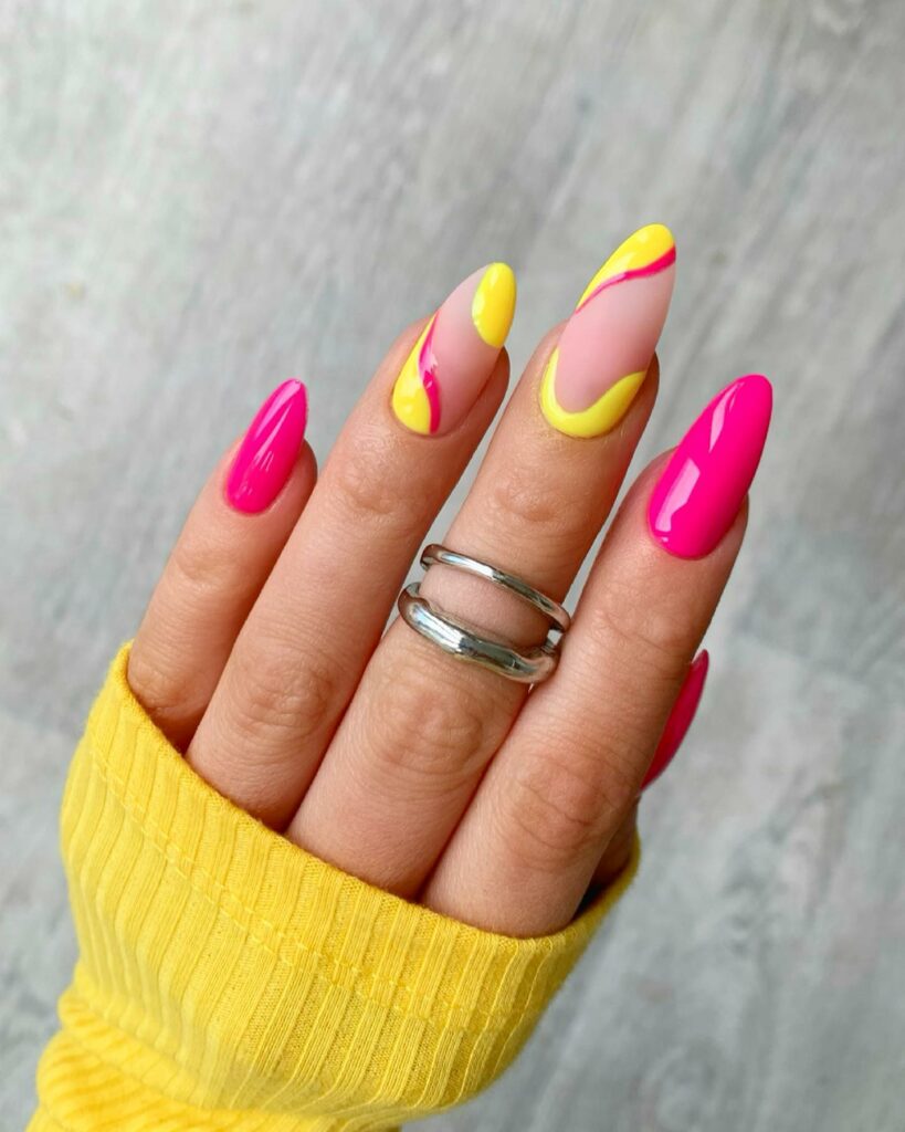 20 Latest Pink And Yellow Nail Ideas To Try In 2024! 31 Pink And Yellow Abstract Almond Nails