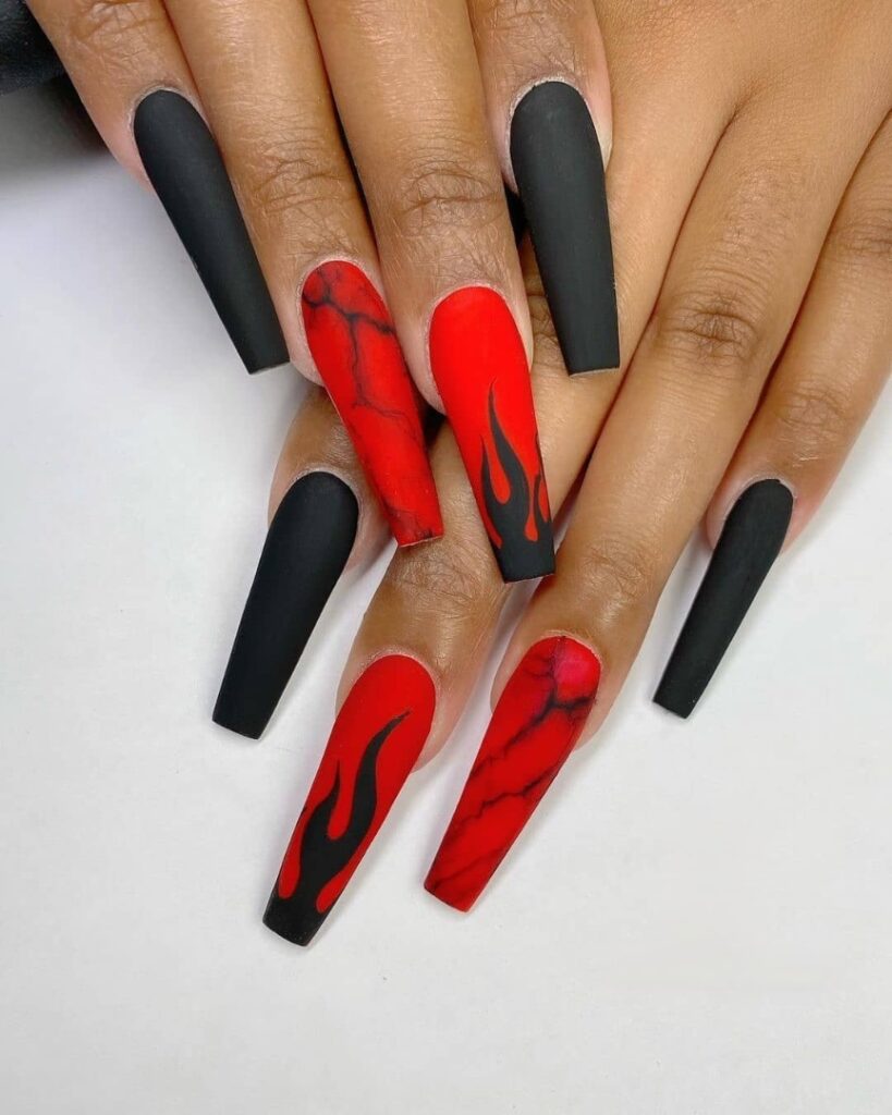 Go Bold with 40 Red Coffin Nail Designs in 2024 33 Matte Red And Black Coffin Nail With Flame Design