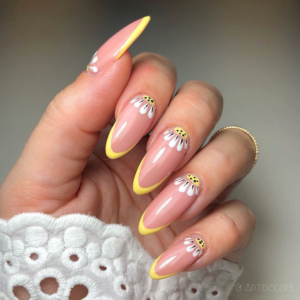 21 Latest Yellow French Tip Nail Designs To Try in 2024! 19 Thin French Almond Nails With Daisies
