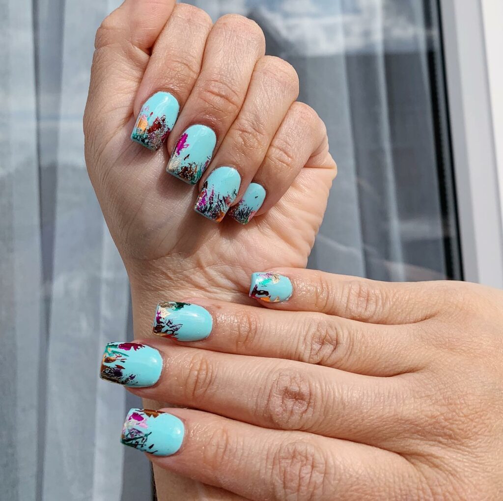 33 Latest Party Nail Ideas To Try In 2024! 45 Square Light Blue Party Nails with Colorful French Design