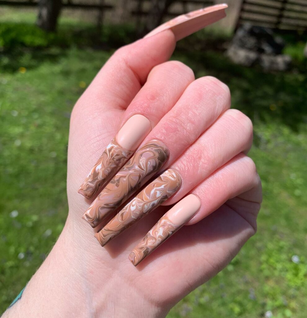 44 Latest Matte Brown Nail Ideas To Try In 2024! 23 Matte Brown Marble Long Coffin Nails
