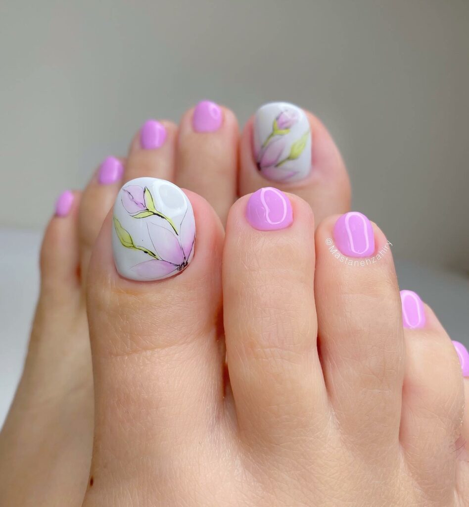 20 Latest Flower Pedicure Designs To Try In 2024! 18 Light Pink Pedicure With Flower Design