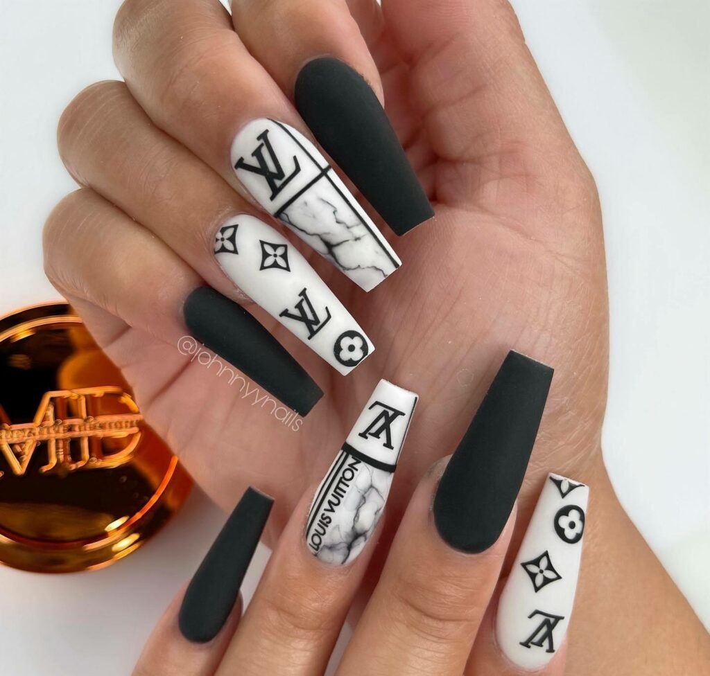 25 Latest Louis Vuitton Nails To Try In 2024 10 Marble Black and White Nails with Louis Vuitton Accents
