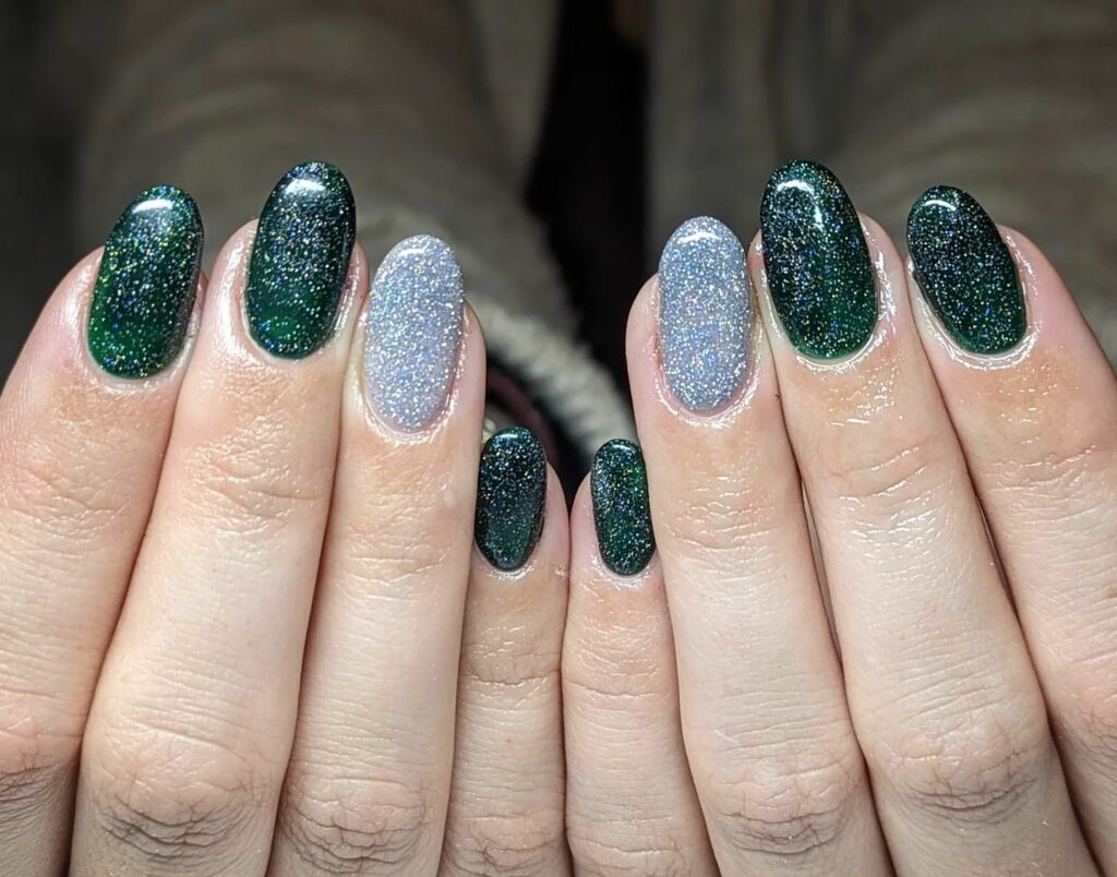 Get Festive with 25 Green Christmas Nail Ideas in 2024 33 Green and Silver Glitter Christmas Nails