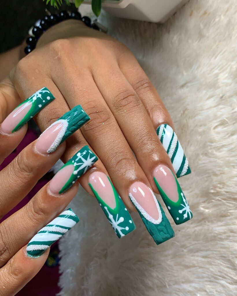 20 Latest Christmas French Nail Designs To Try in 2024! 18 Sweater Pattern on Acrylic French Green Christmas Nails