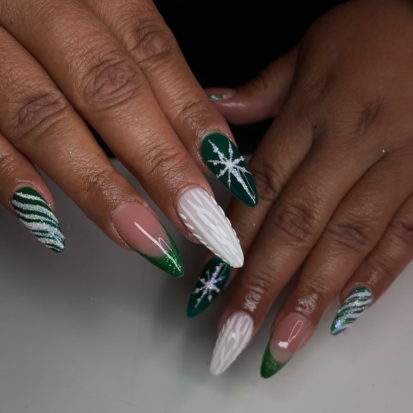 20 Latest Christmas French Nail Designs To Try in 2024! 21 Creatively Crafted Almond Green Christmas Nails